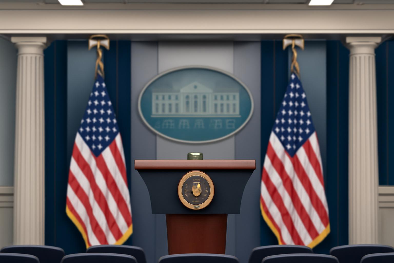 White House press briefing room podium with American flags in soft afternoon light