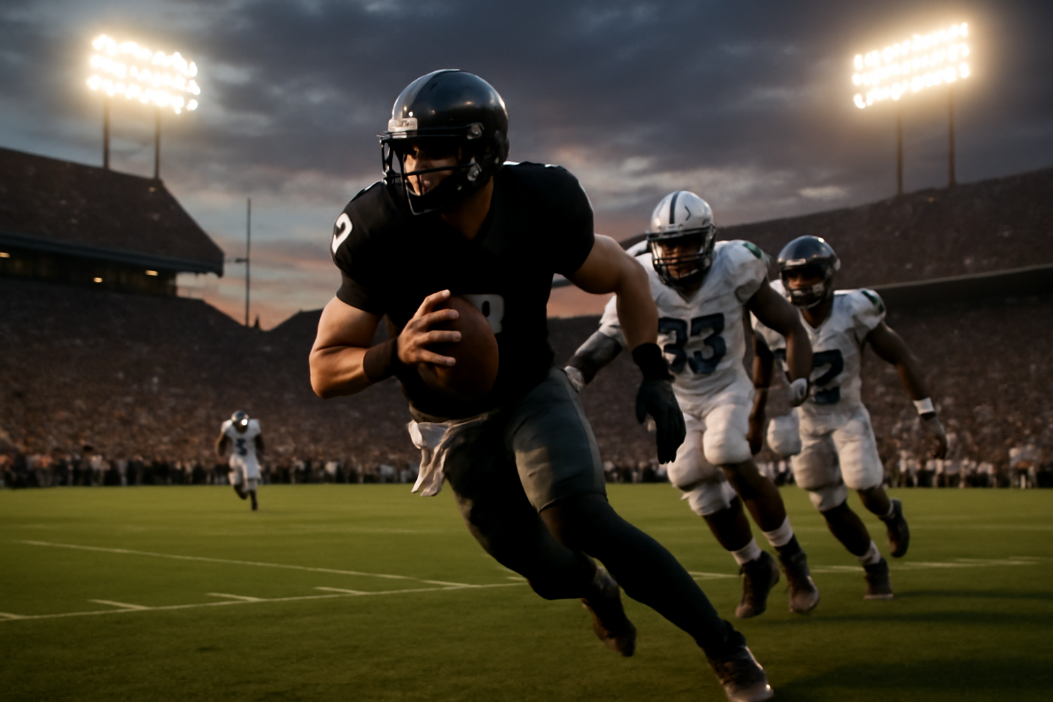 A college football quarterback scrambles under pressure during a road game at a packed stadium