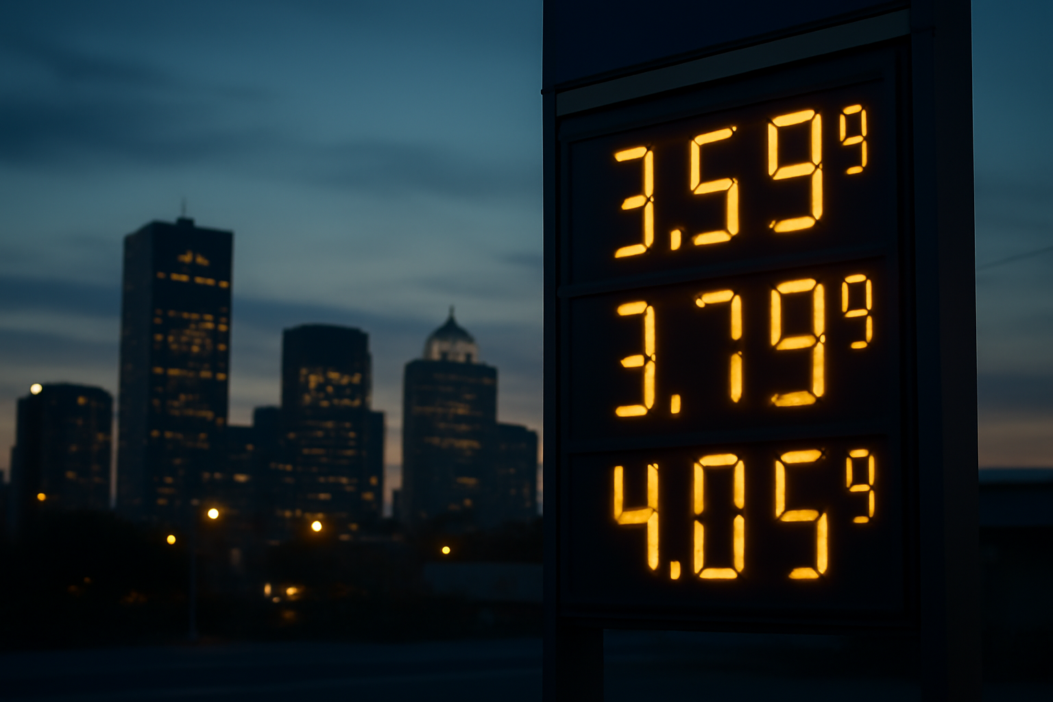 Gas station price sign showing rising fuel costs beside a city skyline at dusk