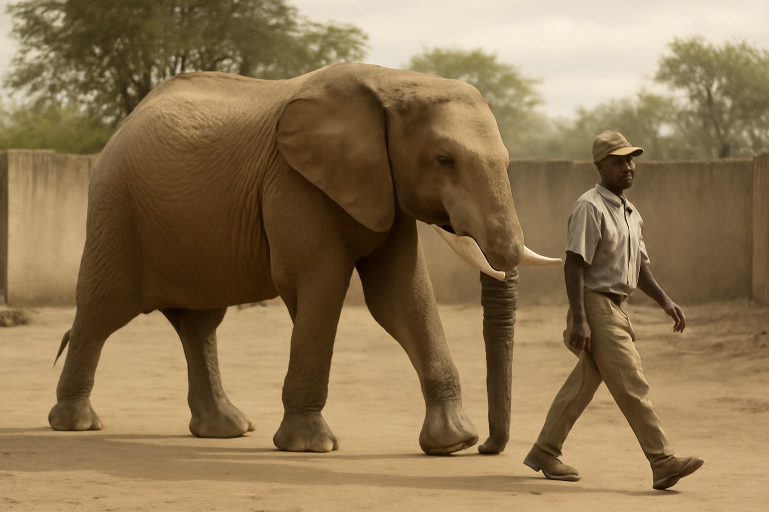 African elephant walking with a caretaker inside an open-air enclosure at a zoo