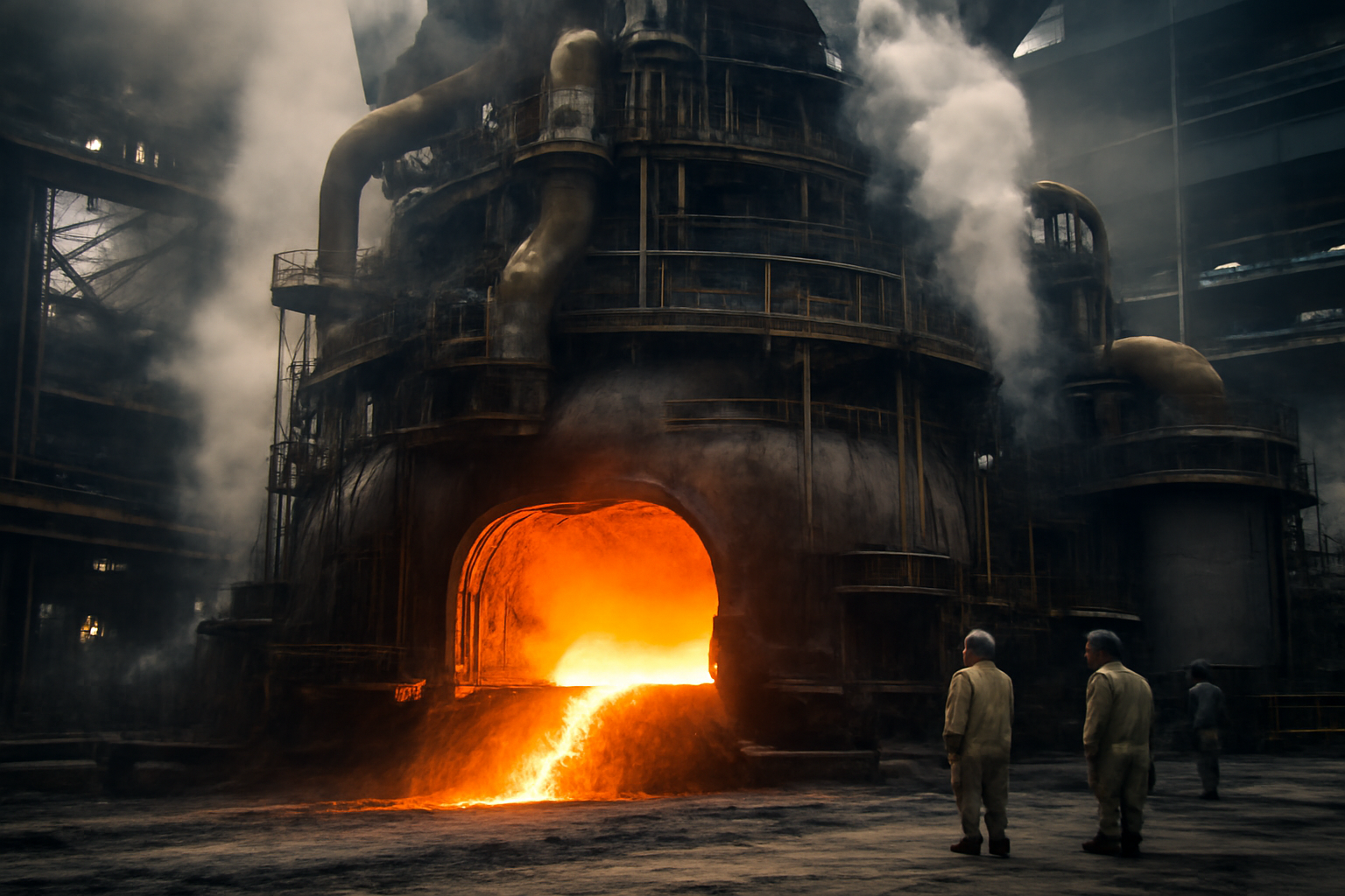 Molten iron pouring from an industrial blast furnace with steam and exhaust visible