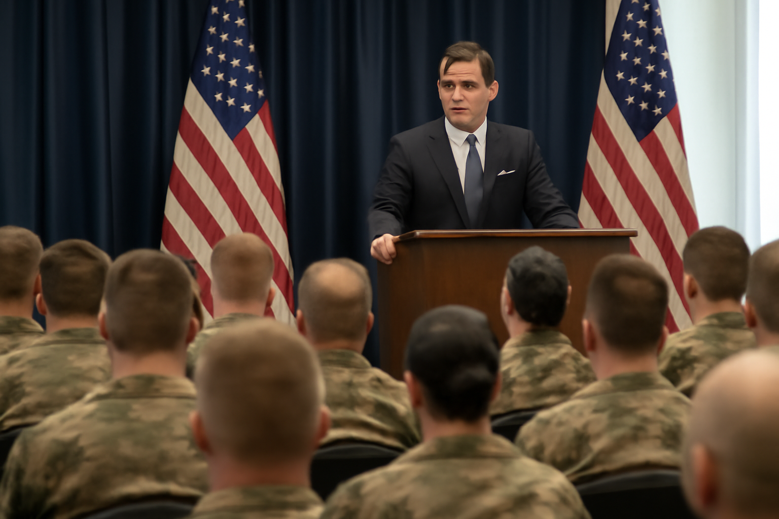 Defense Secretary Pete Hegseth speaking at a podium in front of uniformed Marines at Quantico