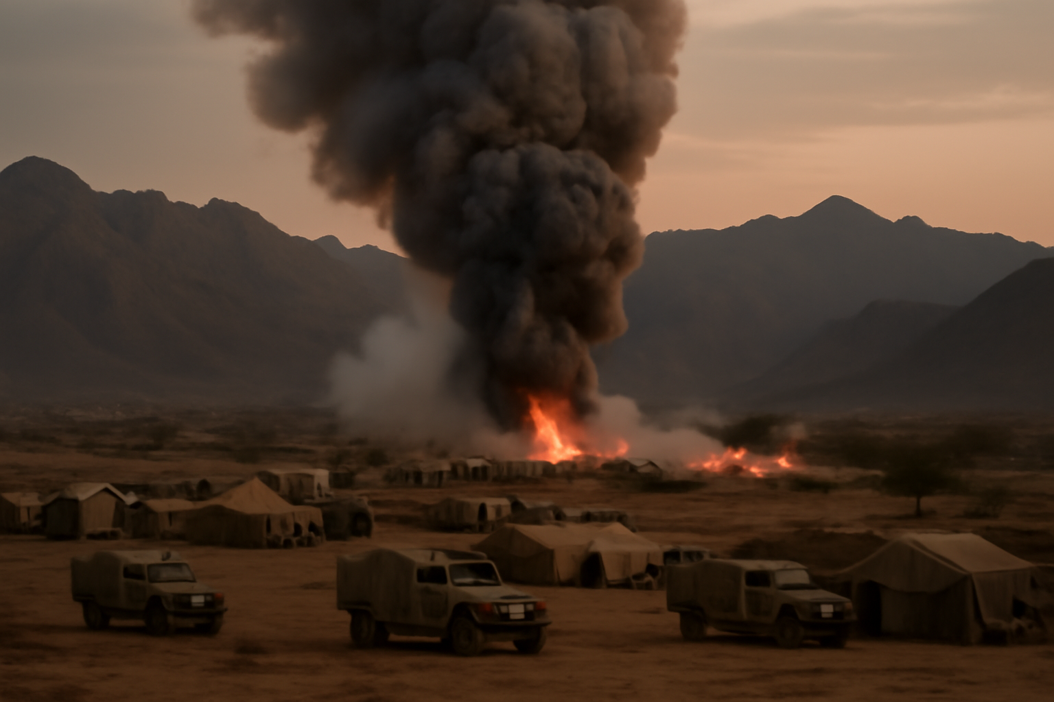 Smoke rising over a military compound in rural Yemen after a missile strike