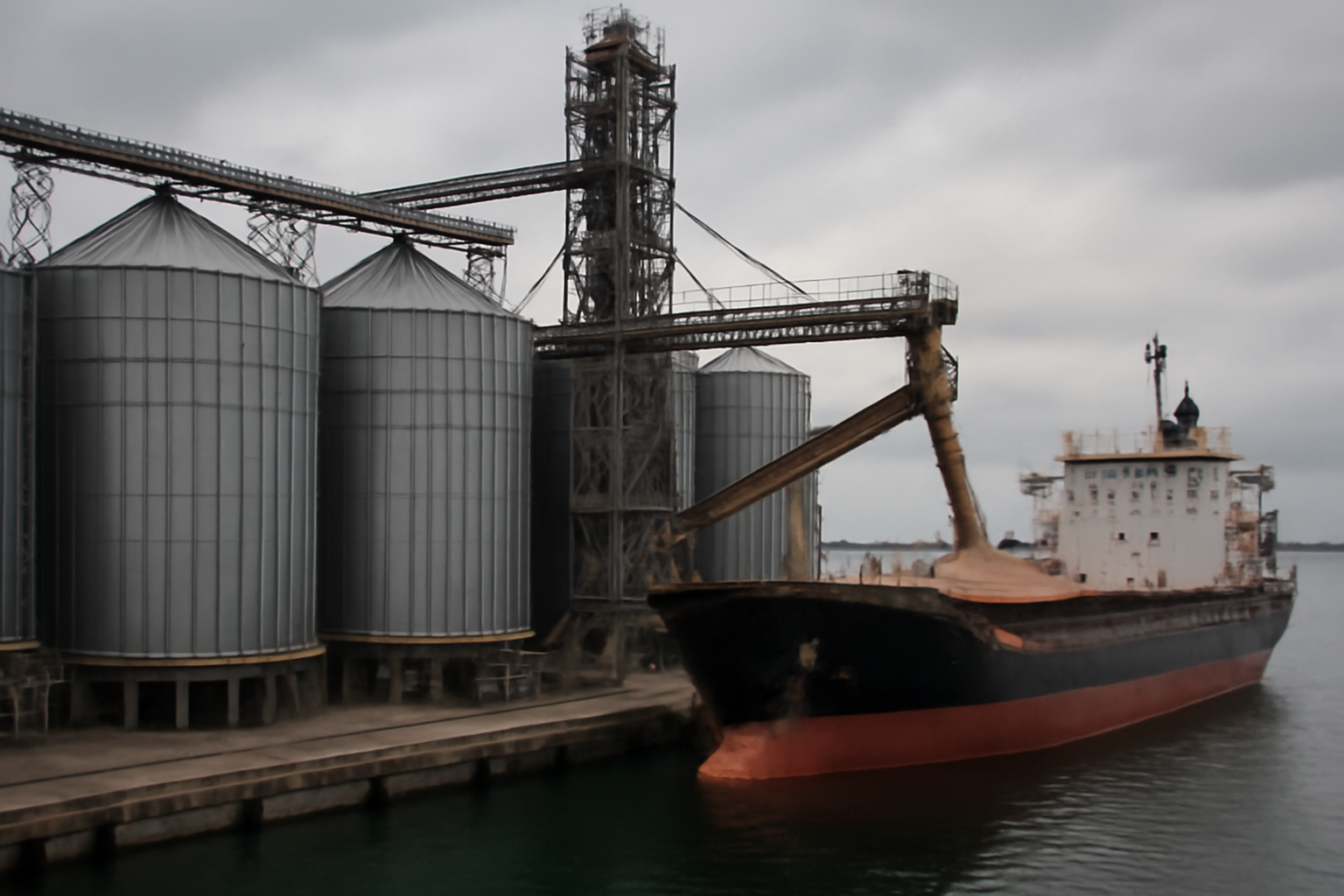 Grain elevators and cargo ships at a wheat export terminal near the Black Sea coastline