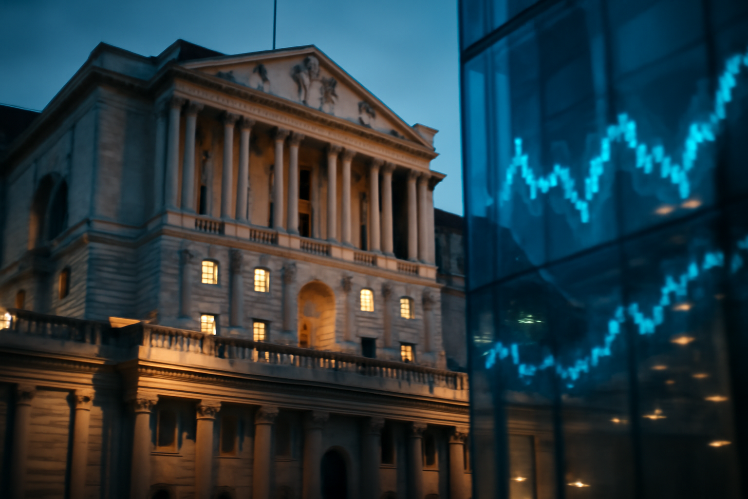 Bank of England building exterior with a stock market ticker display superimposed nearby