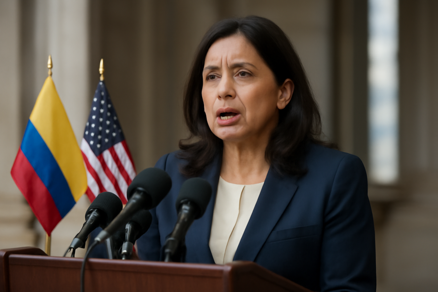 Congresswoman at a podium with Colombian and American flags in the background