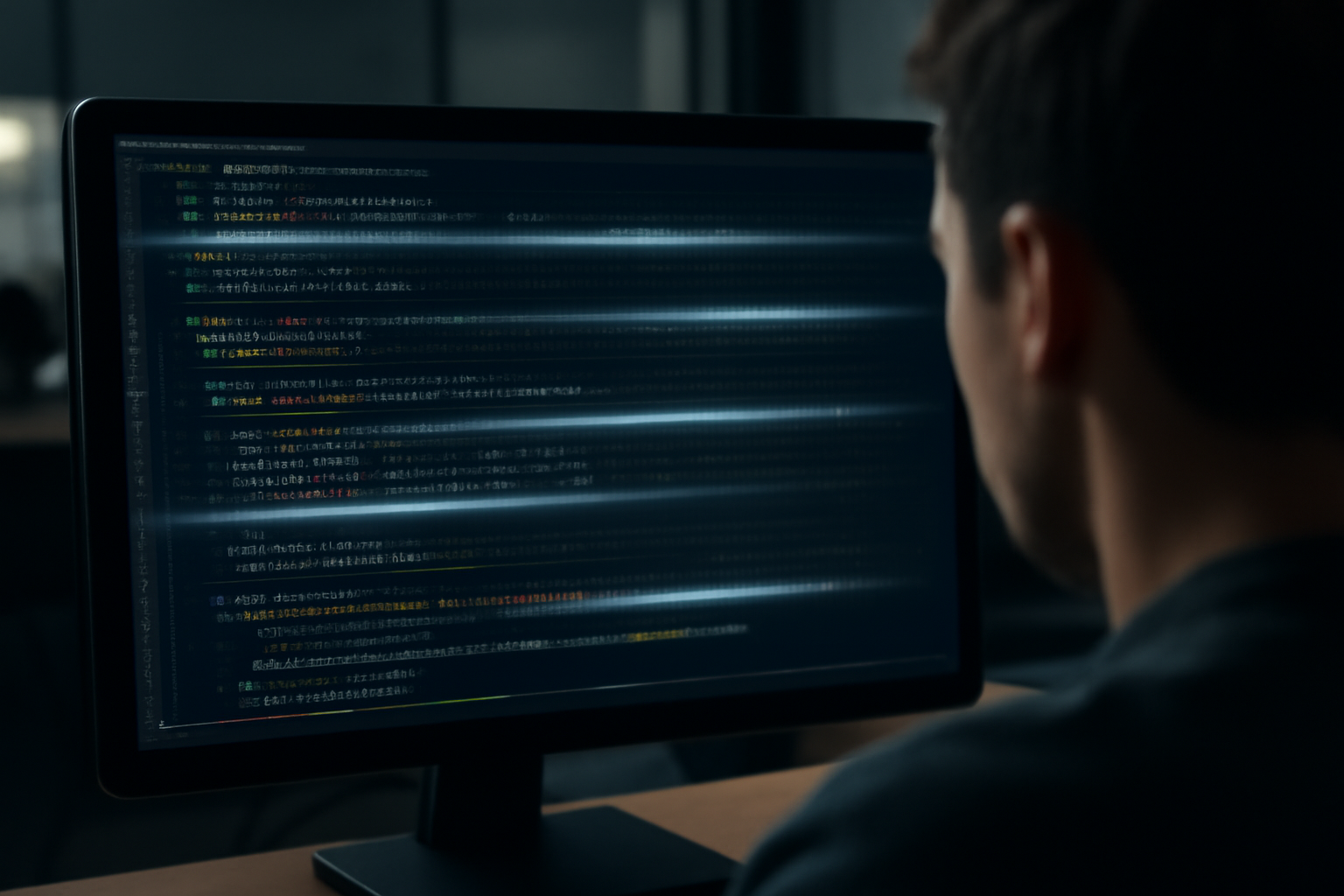 Lines of source code displayed on a dark terminal screen with a magnifying glass icon overlay