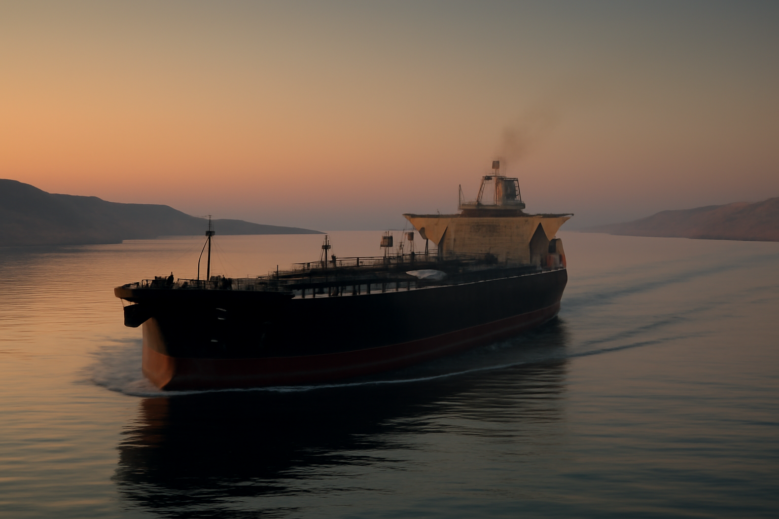 An oil tanker navigates a narrow strait with a rocky coastline in the distance