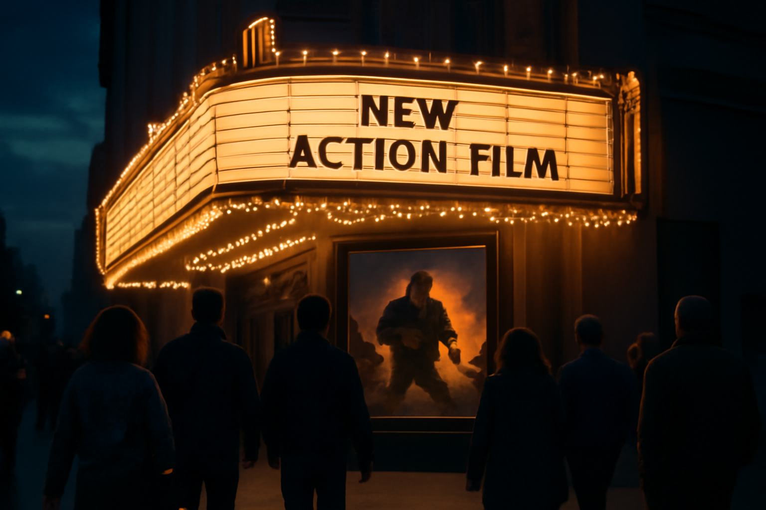 Movie theater marquee lit at night advertising a new action film release