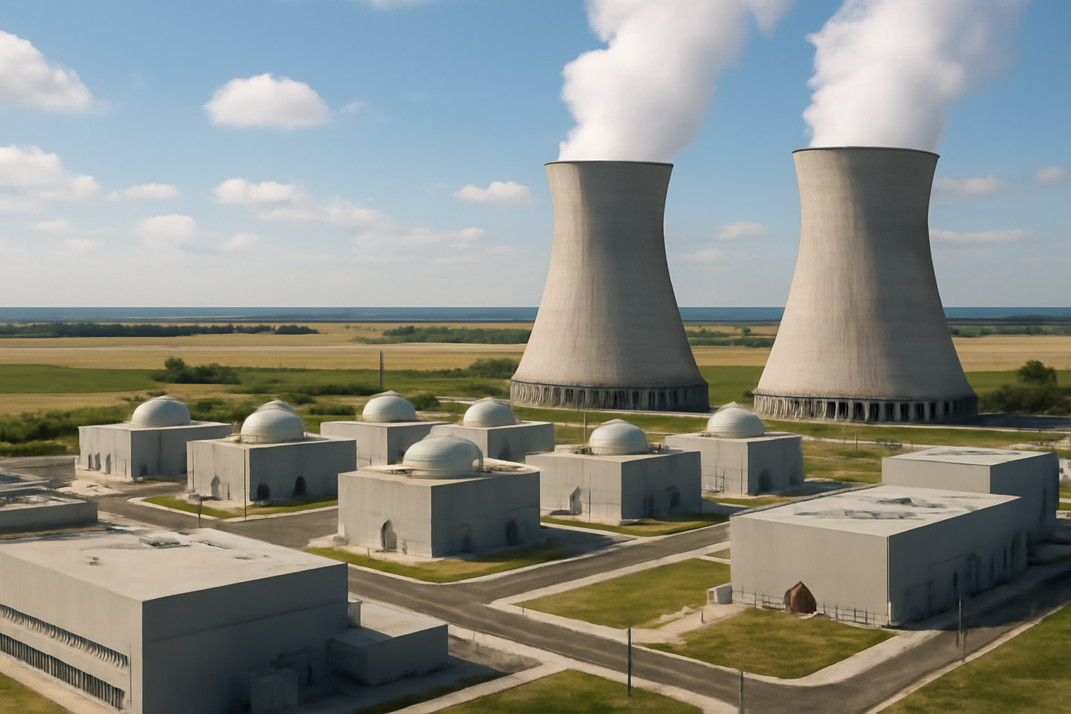 Digital rendering of a proposed nuclear power facility with cooling structures on a rural Indiana site