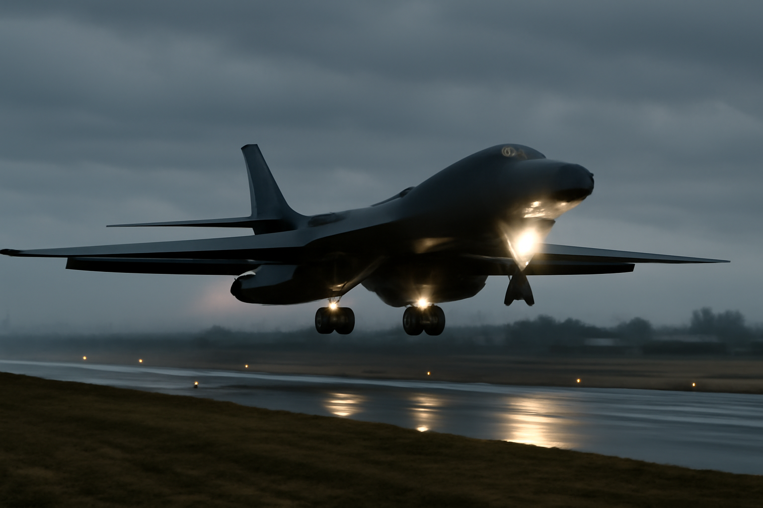 A US B-1 bomber taking off from a runway at a Royal Air Force base in England