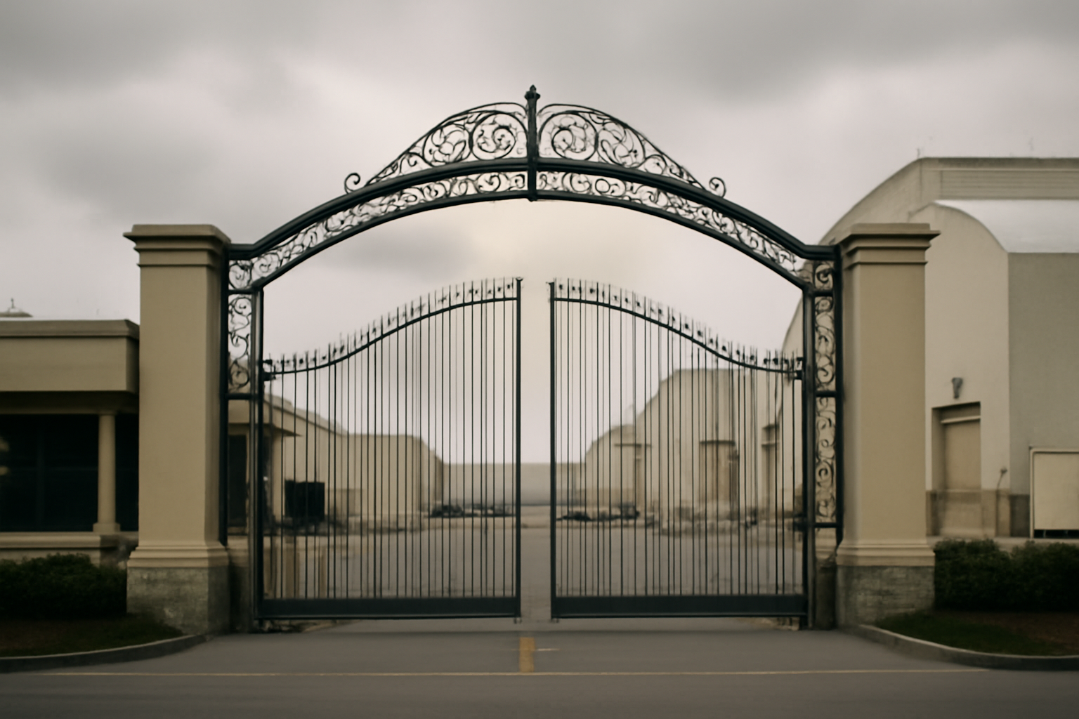 Exterior gate of a major film and television studio lot under overcast daylight