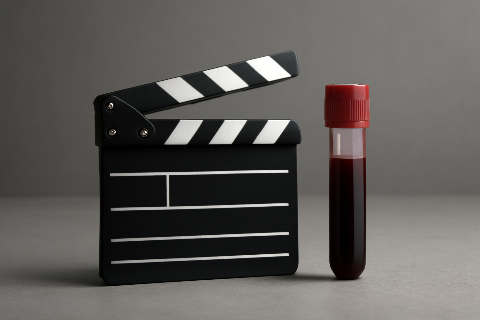 A blood-testing vial beside a film clapperboard on a stark gray backdrop