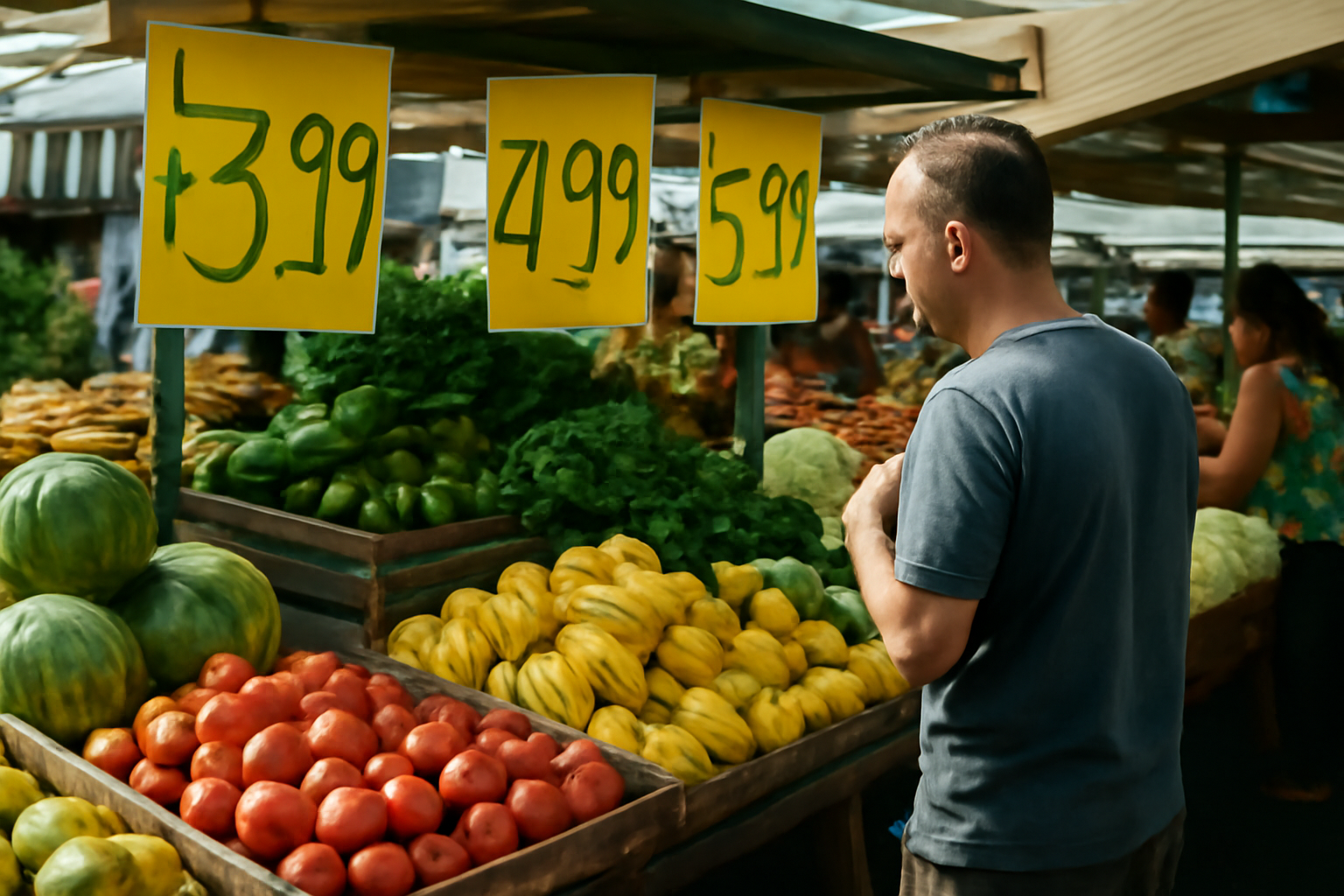 A shopper checks price tags at a produce stall in a Brazilian street market