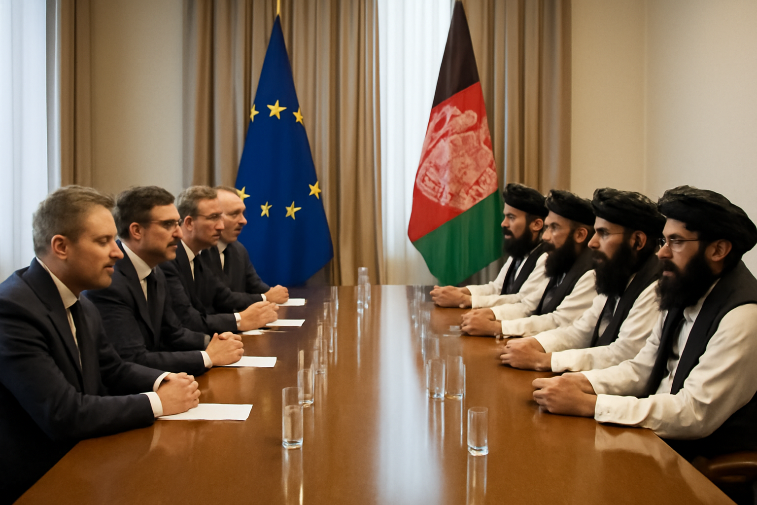 European officials and Taliban representatives seated across a negotiating table discussing deportation logistics