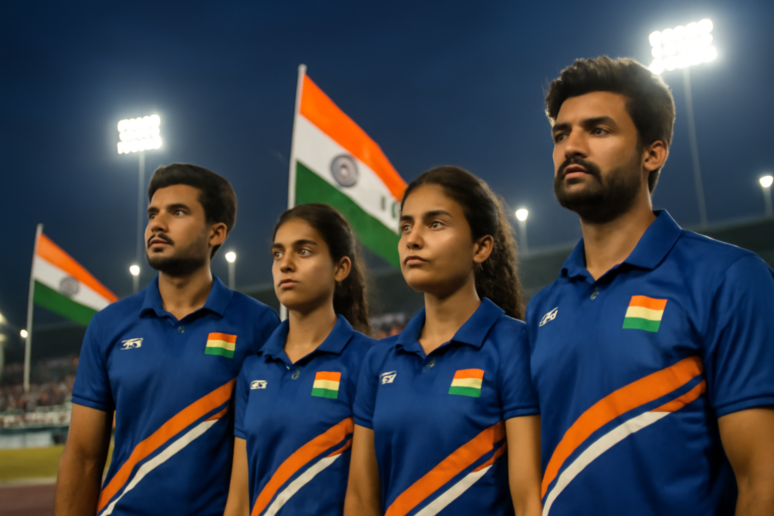 Indian athletes standing together at a stadium closing ceremony holding national flags