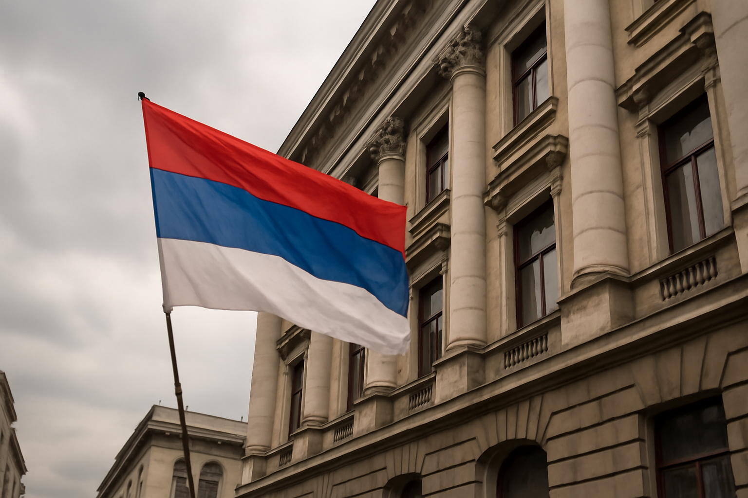 Serbian flag flying outside a government building in Belgrade under an overcast sky