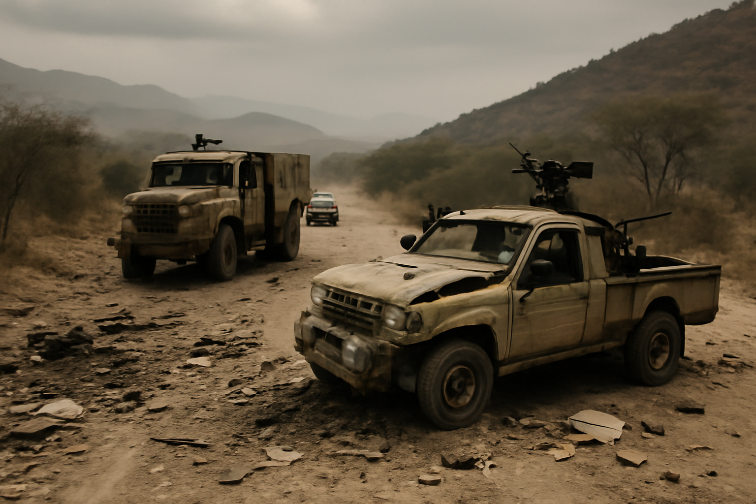 Damaged military vehicle and debris at a strike site in rural Yemen under overcast sky