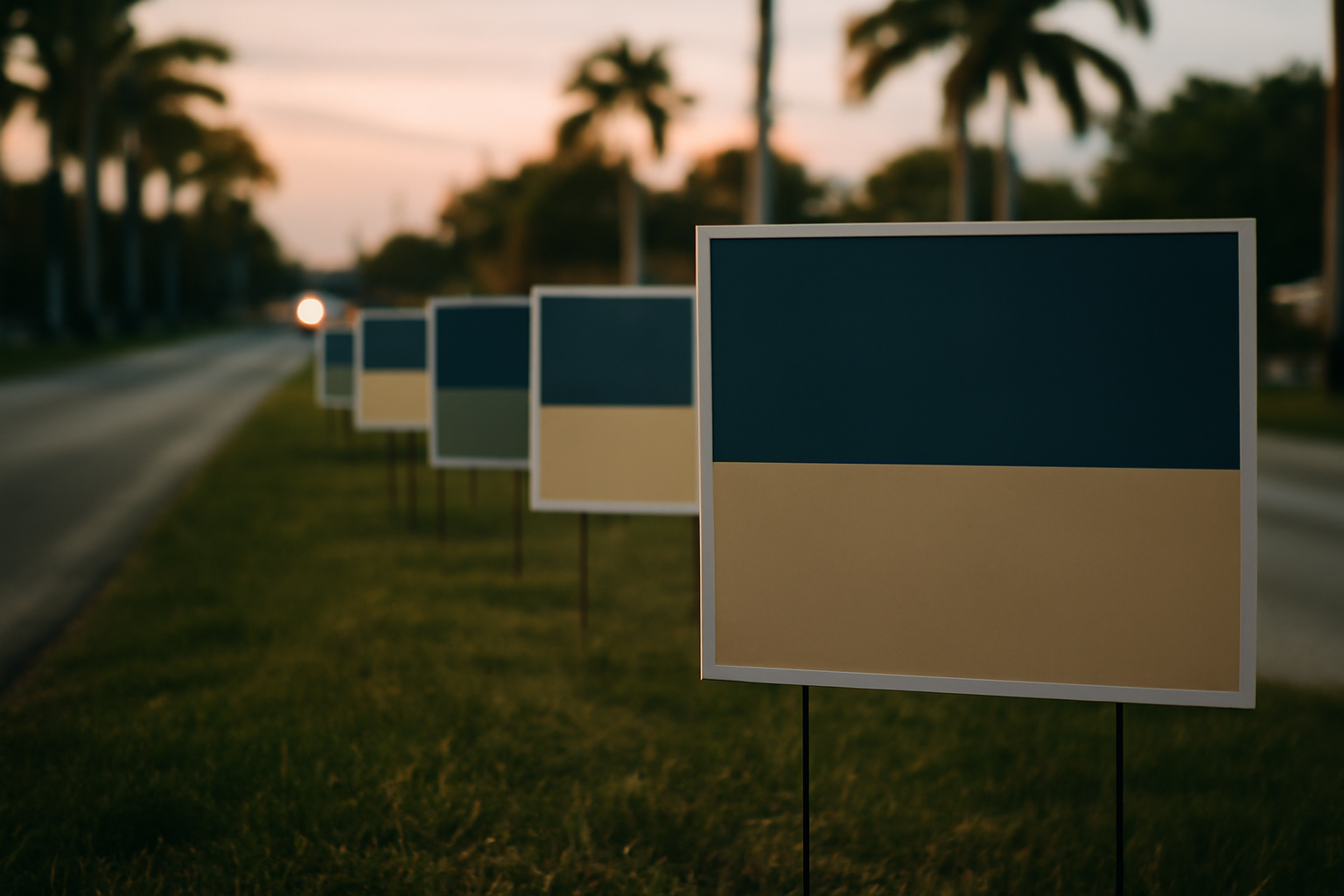 Campaign yard signs for Florida governor and Senate candidates lining a South Florida street