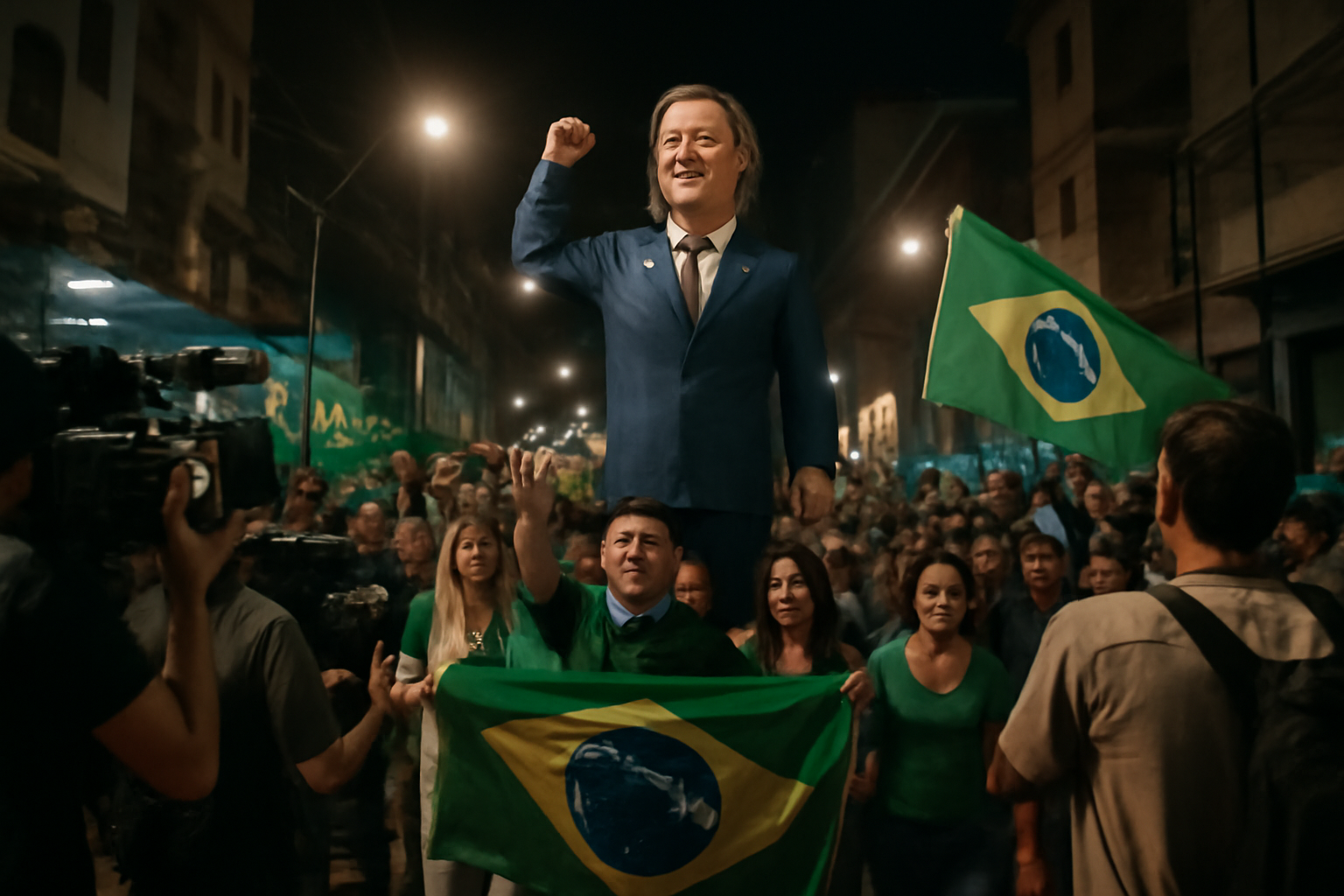 Supporters march holding a large effigy of a political figure through a city street ahead of a national election