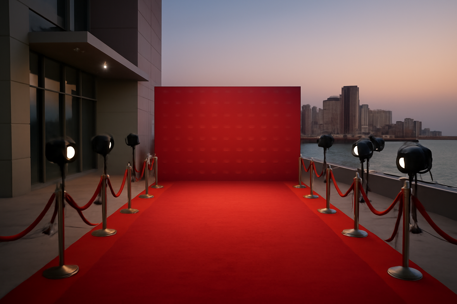 Empty red carpet and step-and-repeat backdrop set up for a canceled film festival in Jeddah, Saudi Arabia