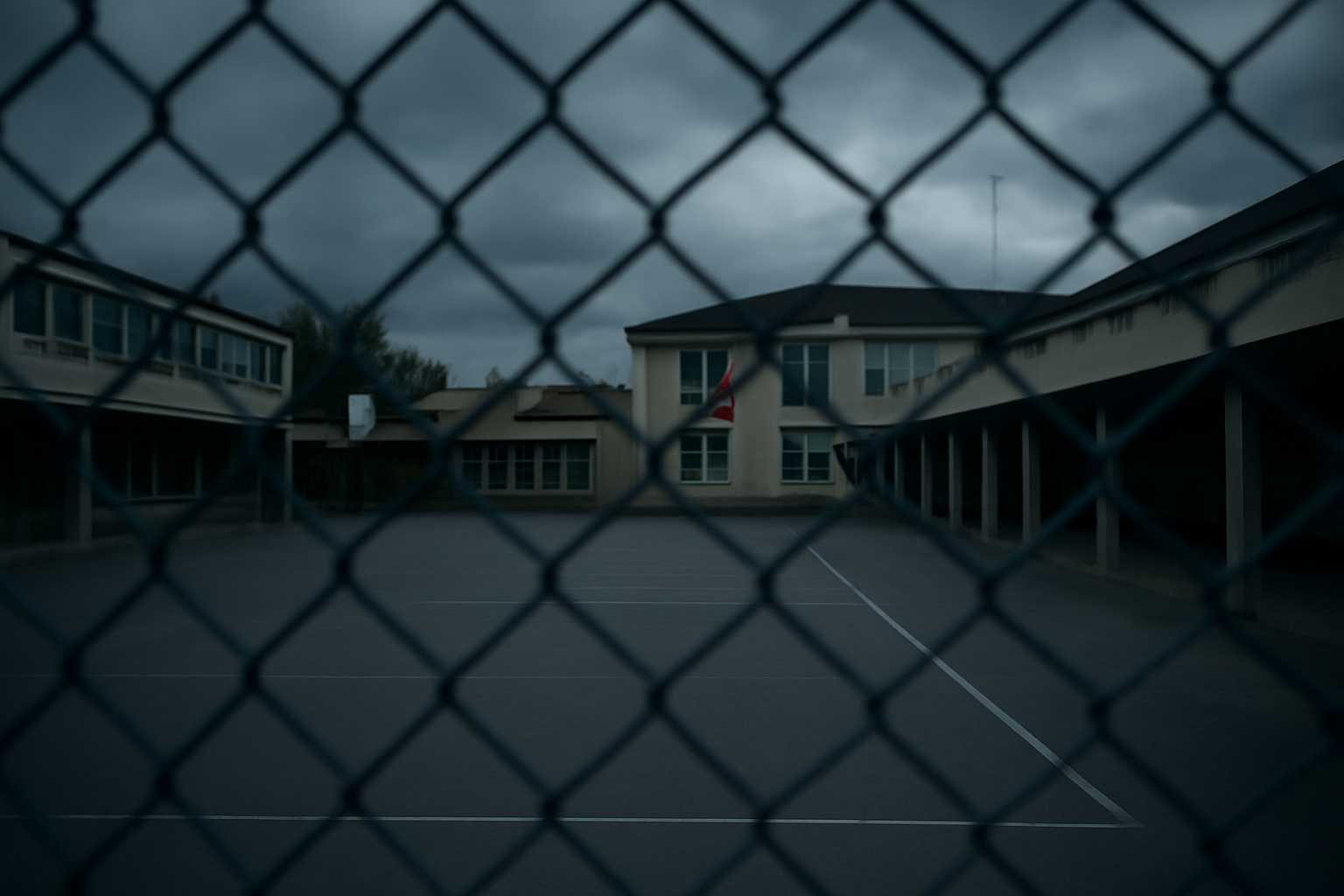 Empty French schoolyard fence at dusk with a French flag visible in the distance