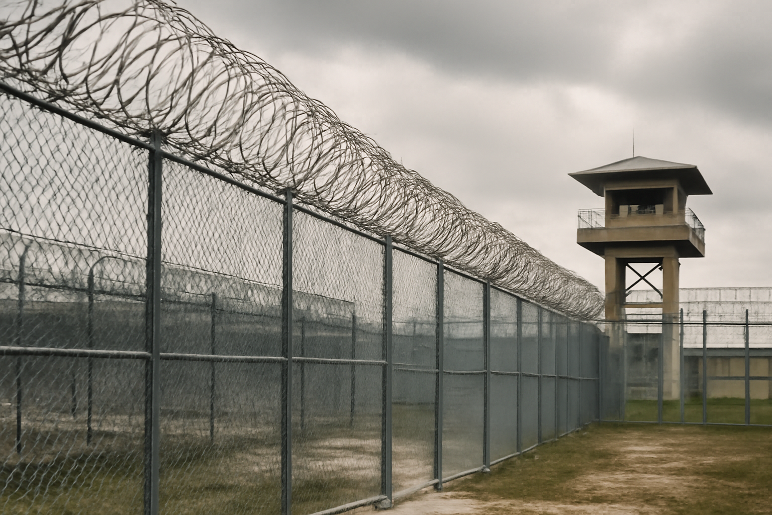 Exterior fencing and watchtower at a south Florida immigration detention facility