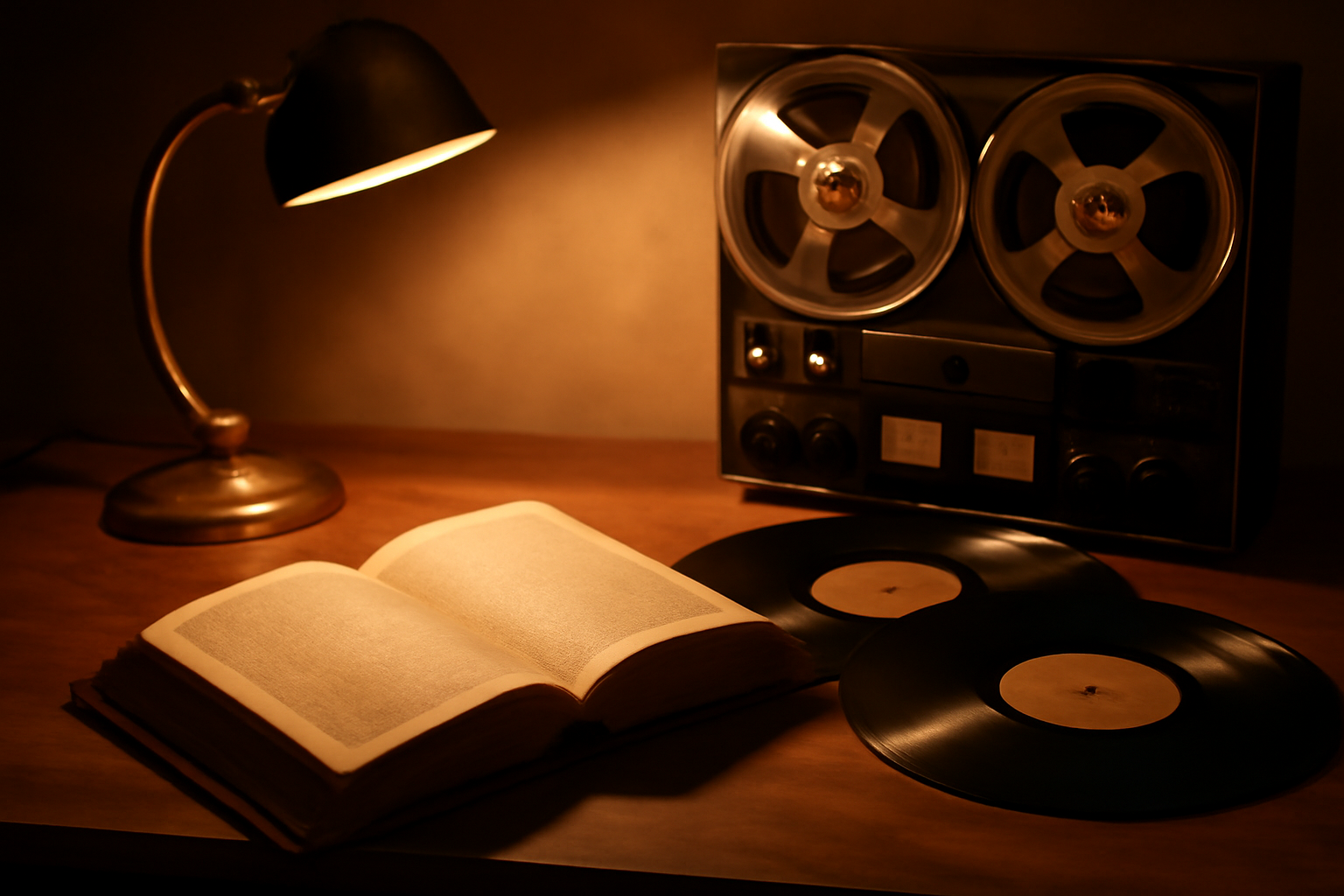 Vintage typewriter and an open hardcover book beside vinyl records on a wooden desk