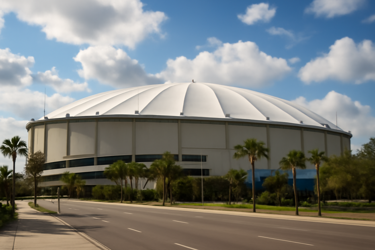 Tropicana Field dome exterior under an overcast sky before a baseball game