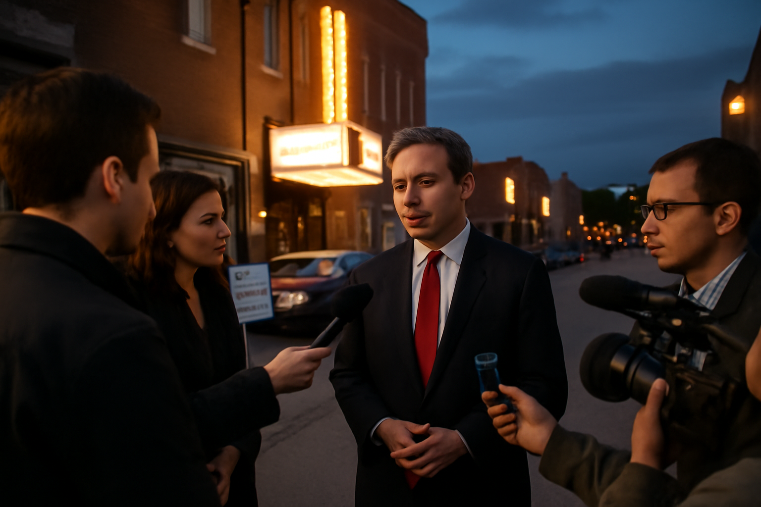 Abdul El-Sayed speaking with reporters outside the McMorran Theater in Port Huron, Michigan