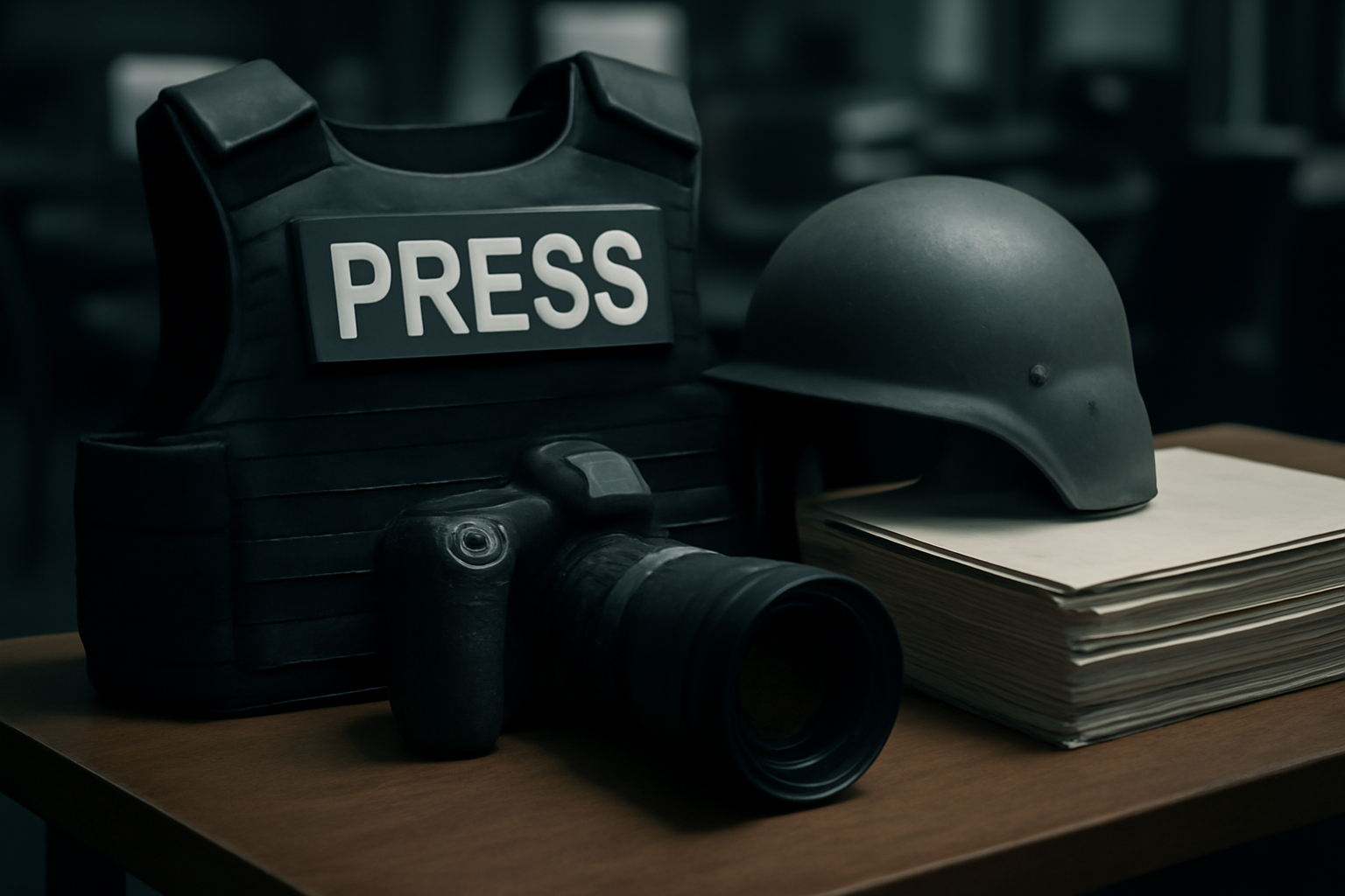 Press vest and camera equipment on a table beside a military investigation document in a dimly lit room
