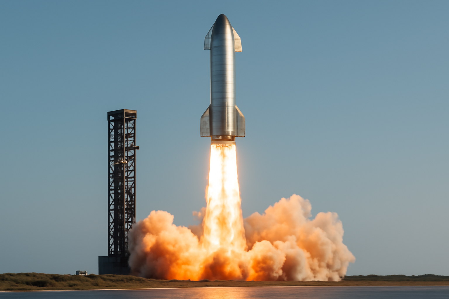 Starship rocket lifting off from a Texas launch pad with exhaust plume against blue sky