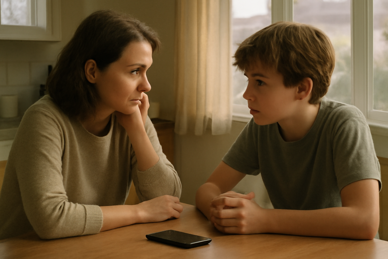 Parent and teenage son sitting at a kitchen table having a serious conversation with a phone between them