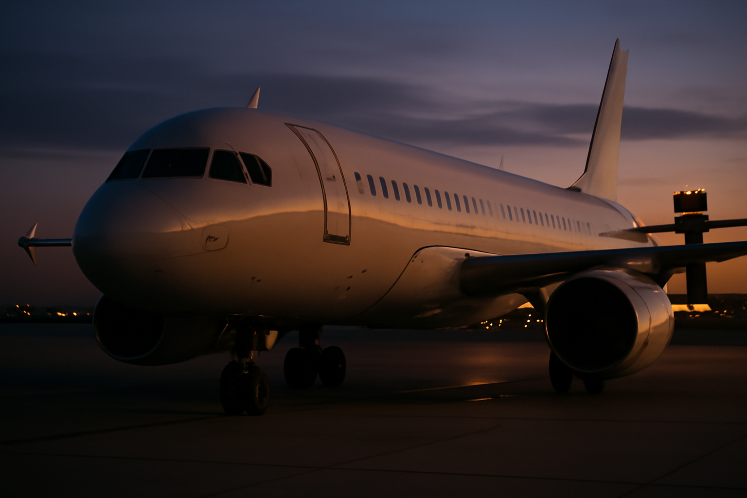 Commercial airliner on a runway at dusk with airport control tower in the background