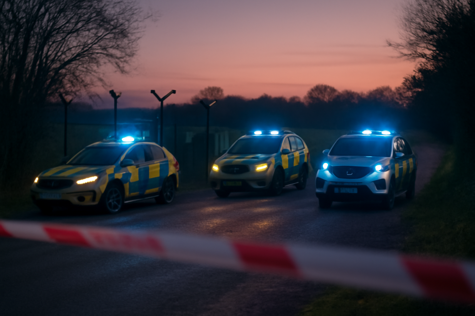 Police cordon and emergency vehicles near a rural airbase perimeter in the Cotswolds countryside