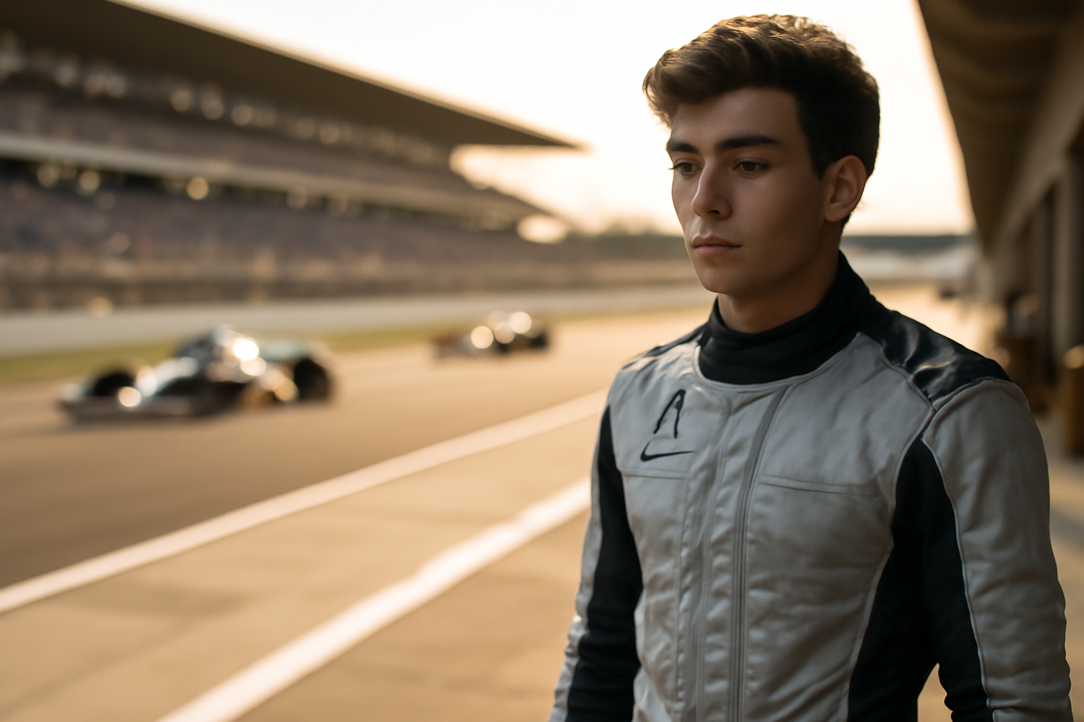 Formula 1 driver in Mercedes racing suit standing trackside at Circuit of the Americas in Austin, Texas
