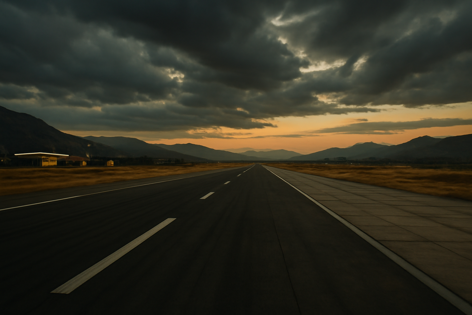Empty regional airport tarmac and control tower in the Ethiopian highlands at dusk