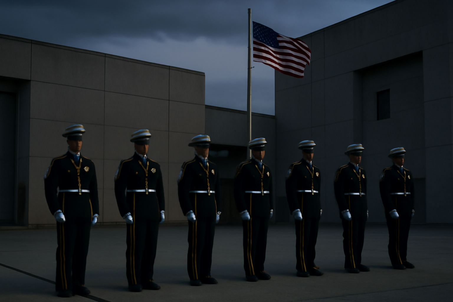 Military firing squad formation standing at attention outside a federal facility at dusk