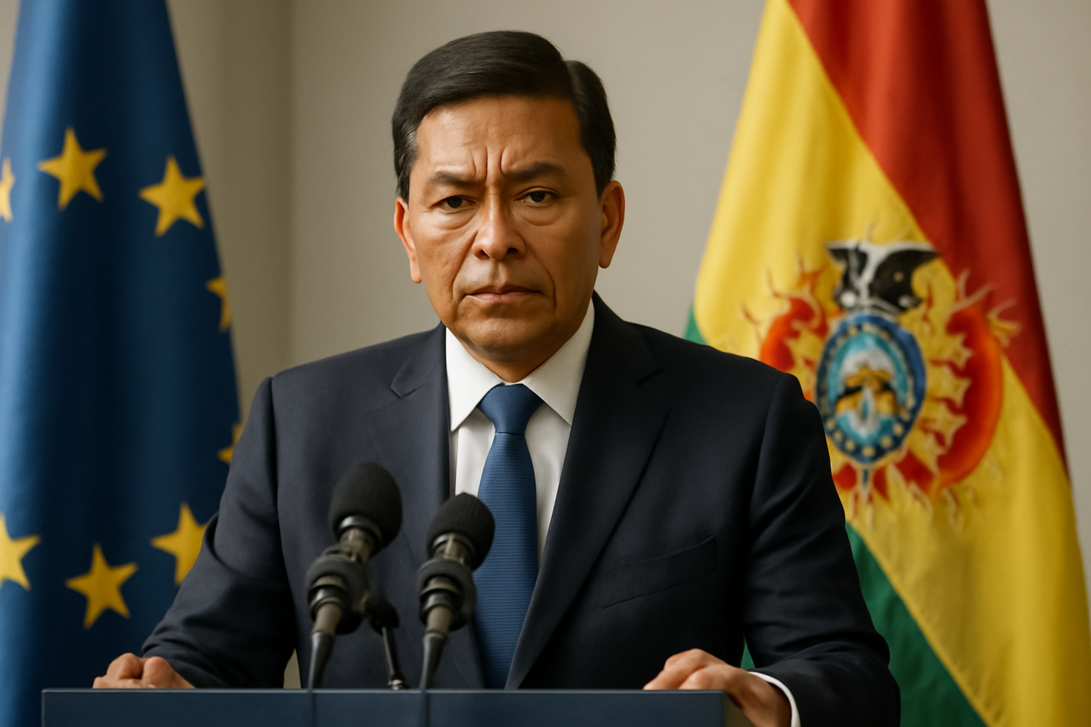 Argentine President Javier Milei speaking at a podium during a press appearance