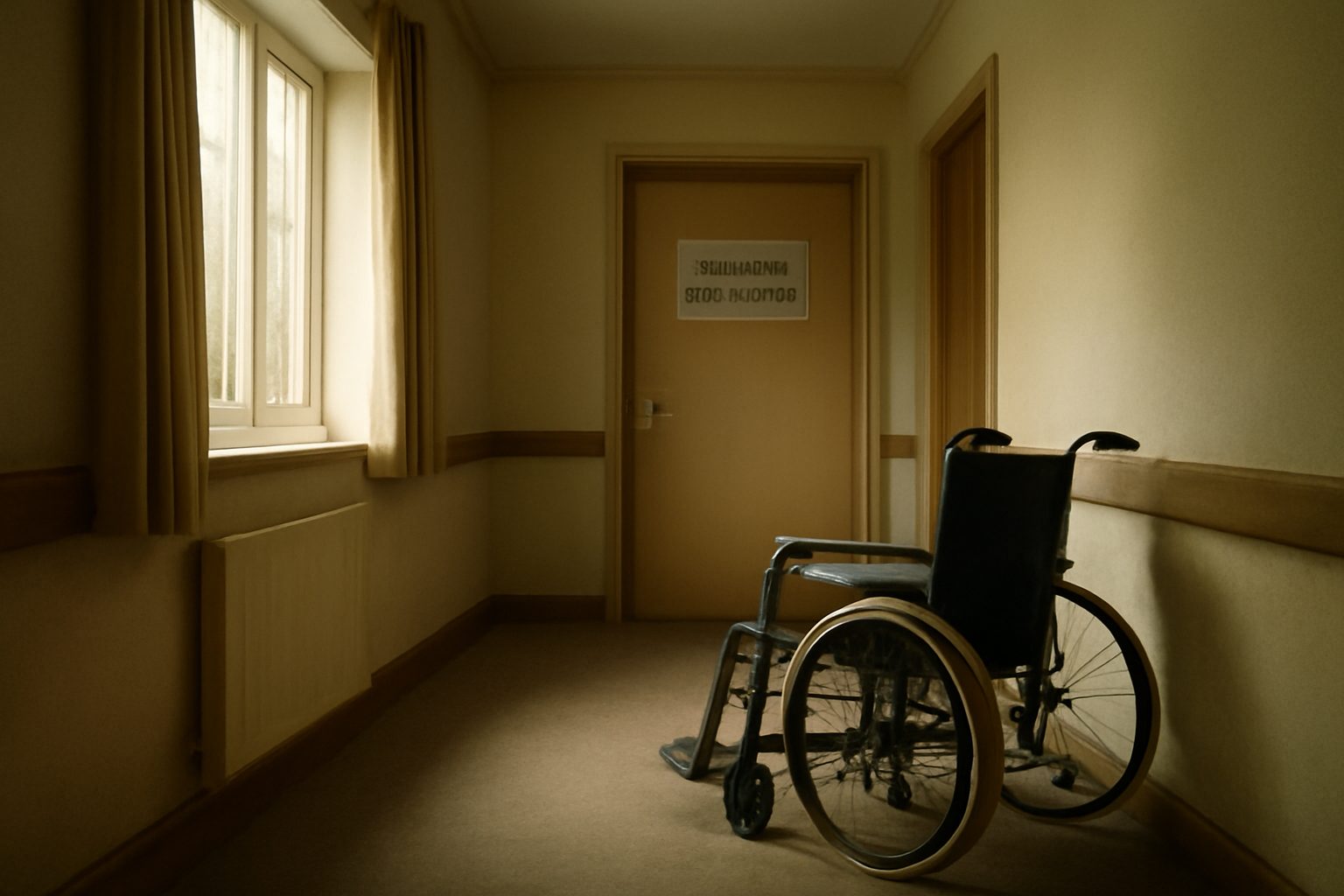 Empty hallway of a care home with a wheelchair parked near a closed visiting room door