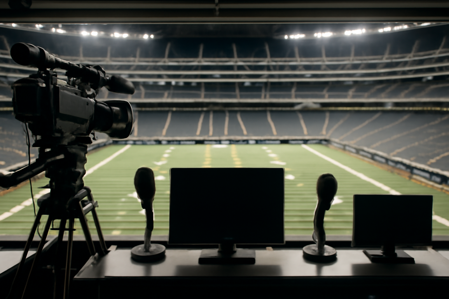 NFL broadcast booth with microphones and a CBS Sports camera setup at an empty stadium