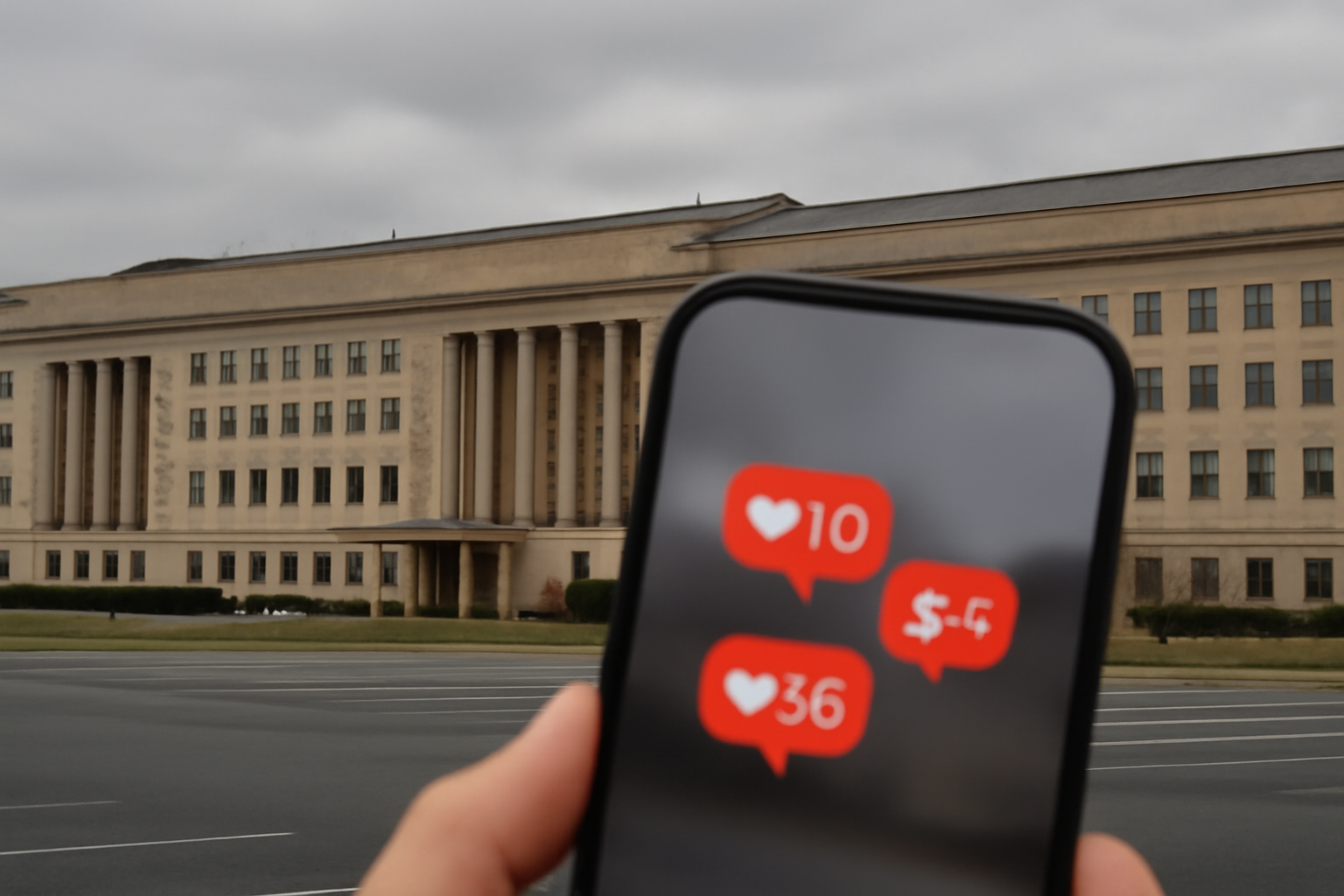 Pentagon building exterior under overcast sky with a smartphone displaying social media icons in foreground