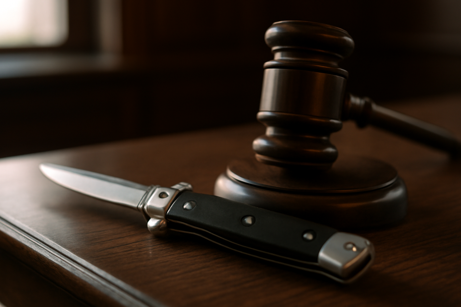 Closed switchblade knife resting on a wooden courtroom bench beside a gavel