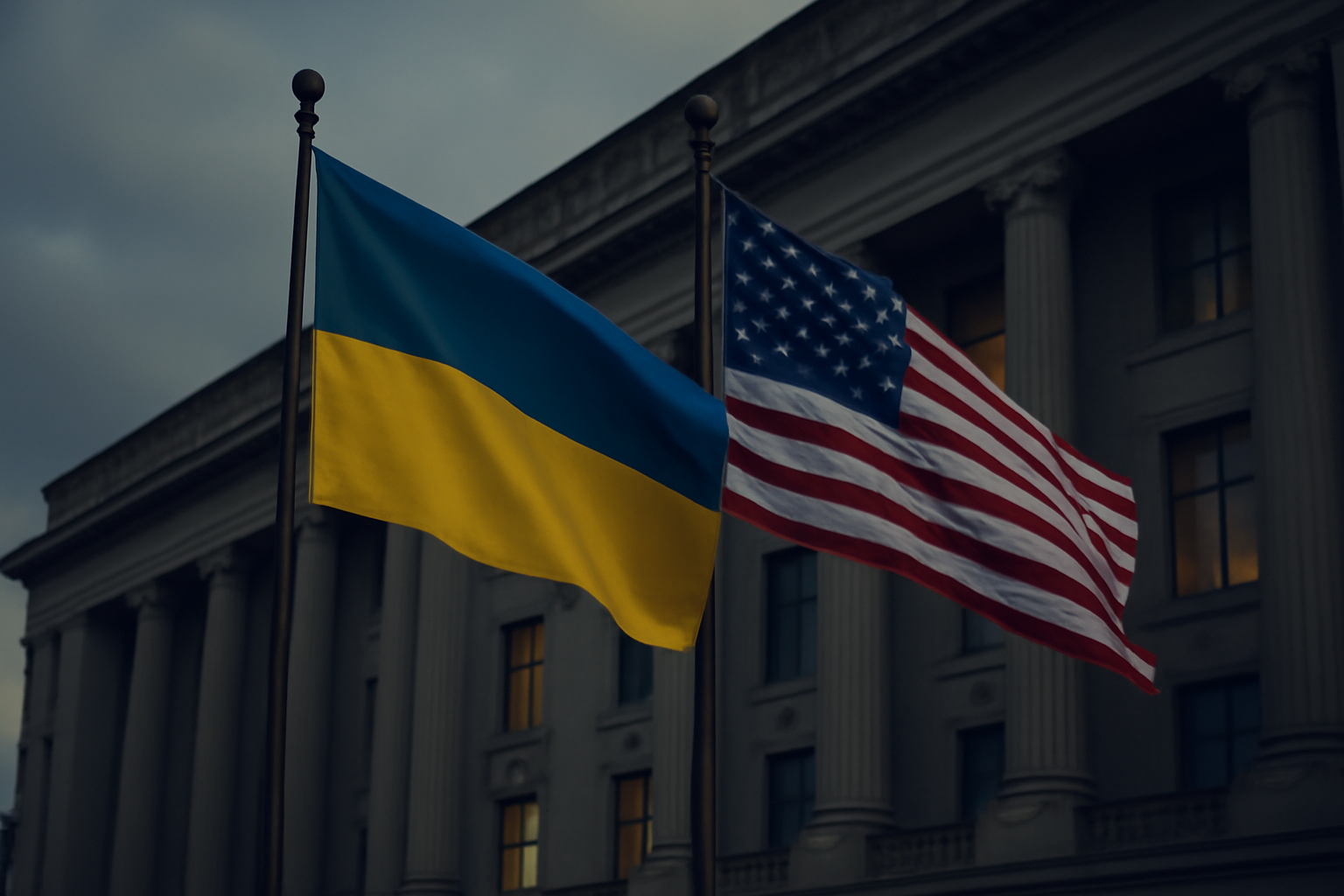 Ukrainian and American flags displayed together near a government building exterior