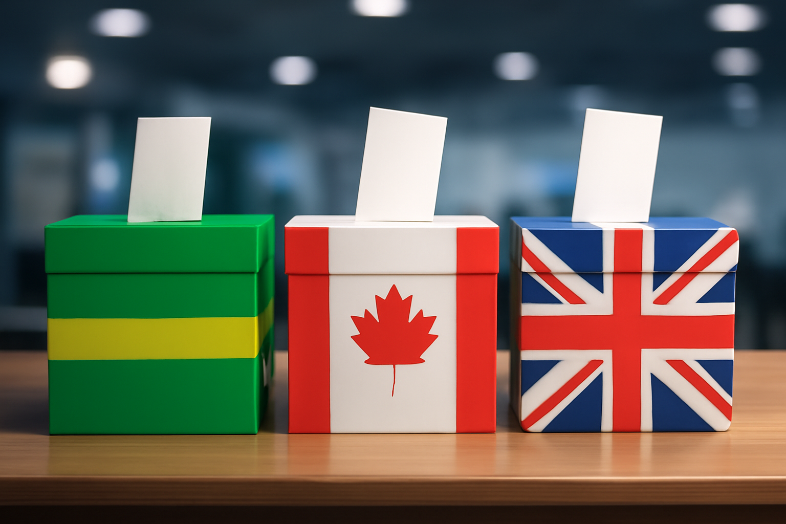 Three ballot boxes labeled with national symbols of Brazil, Canada, and the United Kingdom on a wooden desk