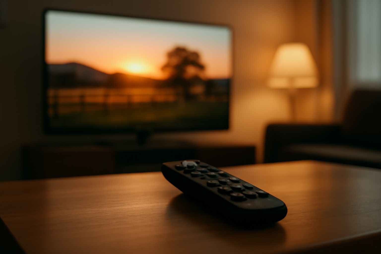 A television remote control on a wooden table with a flat-screen TV in the background showing a ranch landscape at dusk