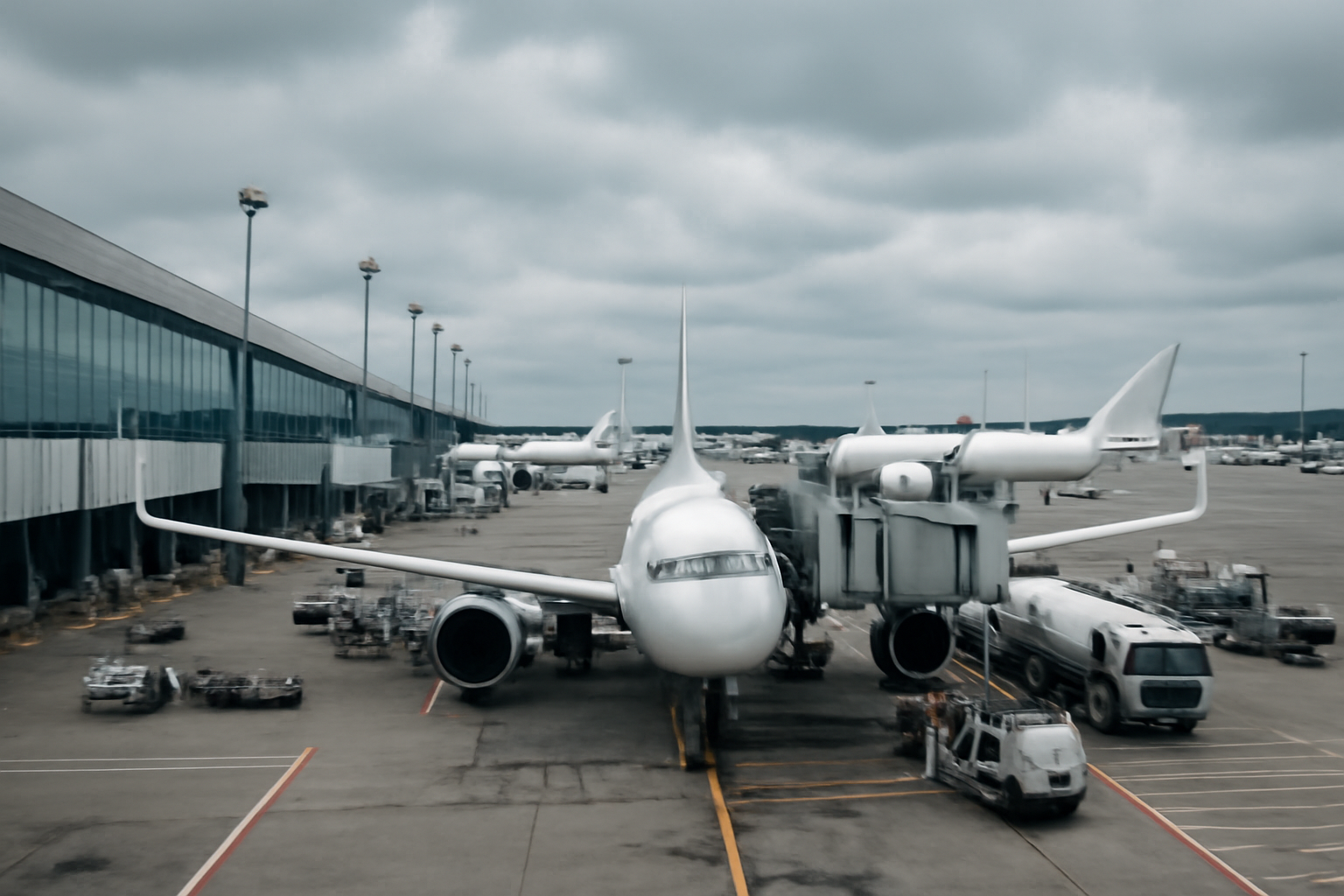 Aircraft lined up at Heathrow Airport terminal gates under overcast sky