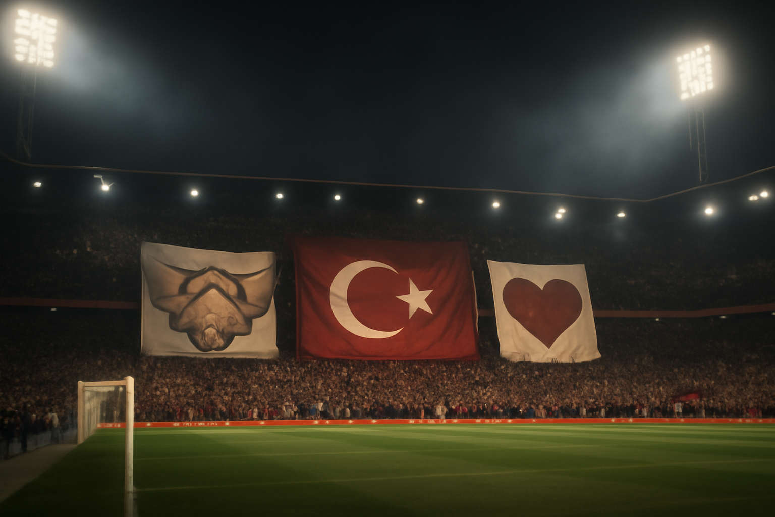 Soccer stadium stands filled with pro-Palestinian banners and tifo displays during a Turkish friendly match
