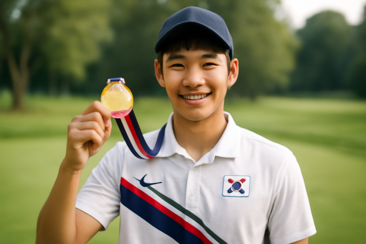 South Korean golfer in a national team uniform holding up a gold medal on a golf course