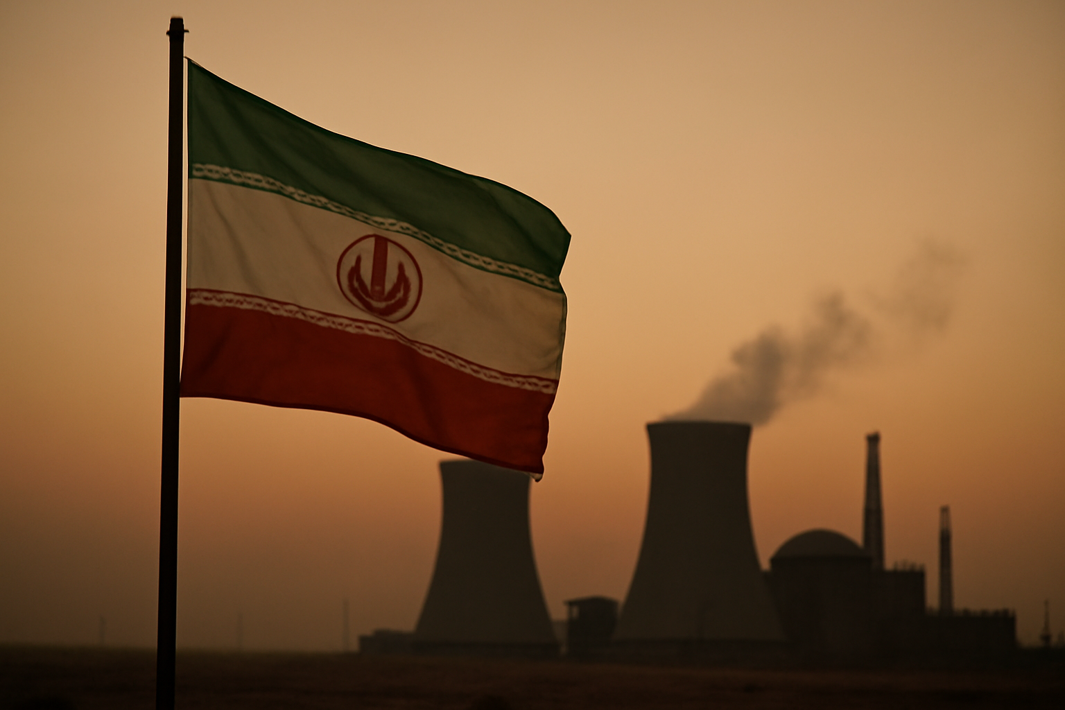 Iranian flag flying against a dusk sky near an industrial nuclear facility silhouette
